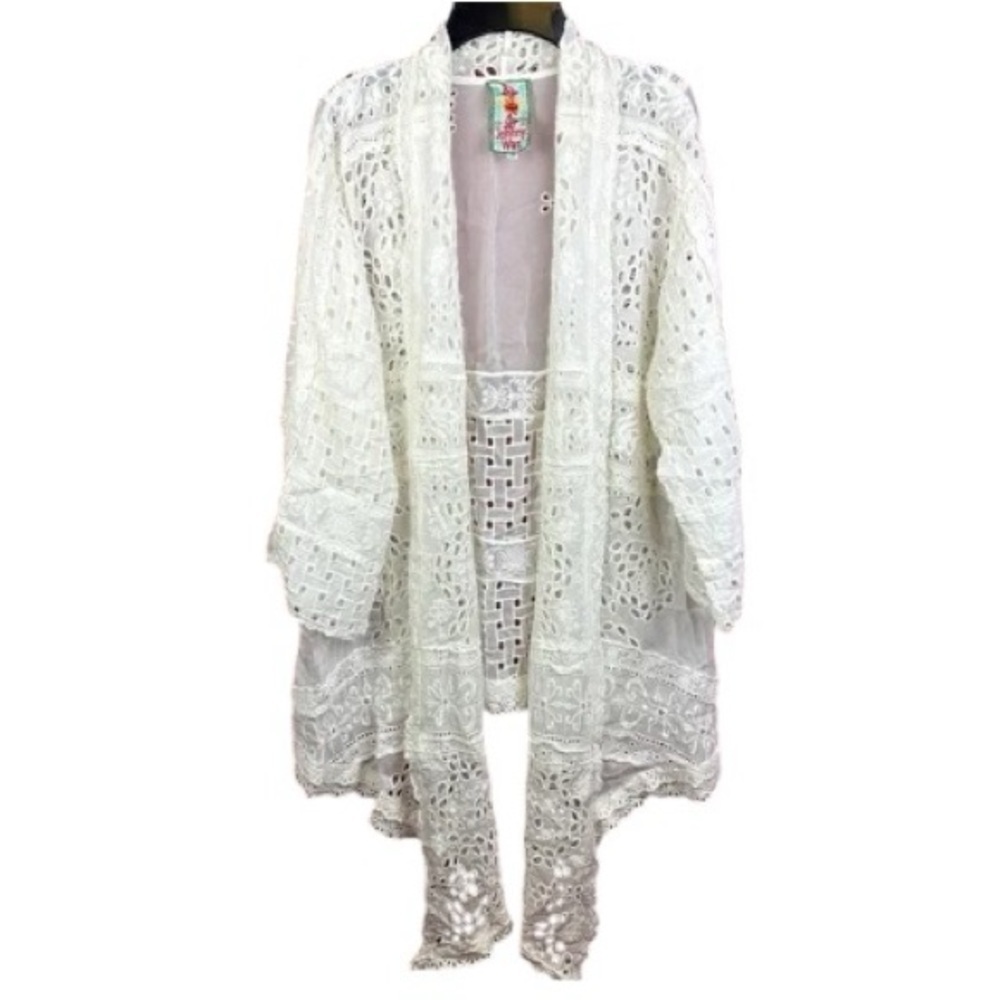 Johnny Was Open Front Drape Floral Embroidered Cardigan White Large